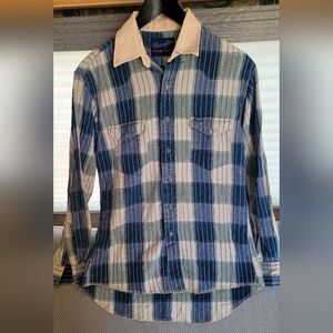 Wrangler Blue and Cream Plaid Men's Shirt Western Snap Button XLT